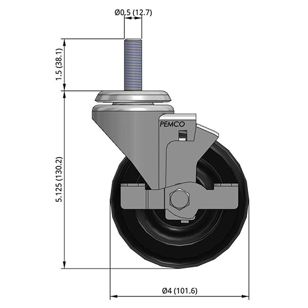 Side view drawing of caster with dimensions